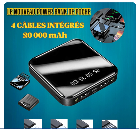 Power bank 20000mAh Noir Avec 4 câbles Powerbank avec affichage numérique 20000 MAh Forte 5V 2,1A Fast Charge Smartphone Charge Ultra Rapide 4Câbles Intégré (4 en 1)