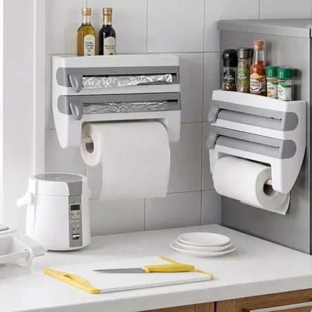 موزع غلاف بلاستيكي لاصق، حامل تخزين زجاجات الصلصة 4 في 1