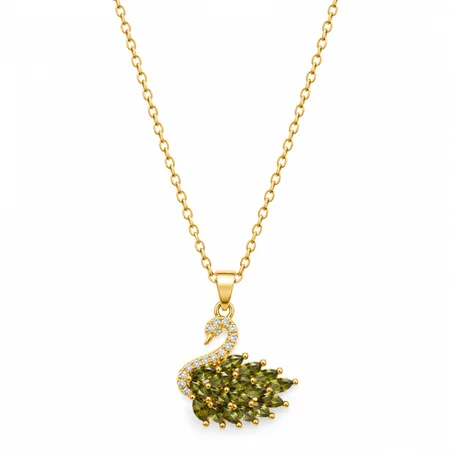 Olive-Green Swan Pendant Necklace Gold