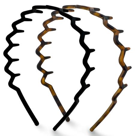 Kitsch - Diademas de diseño Zig Zag, de plástico reciclado, para hombres y mujeres, clásica de los años 90, diadema ondulada con dientes, diademas para el cabello, 2 piezas negro y marrón