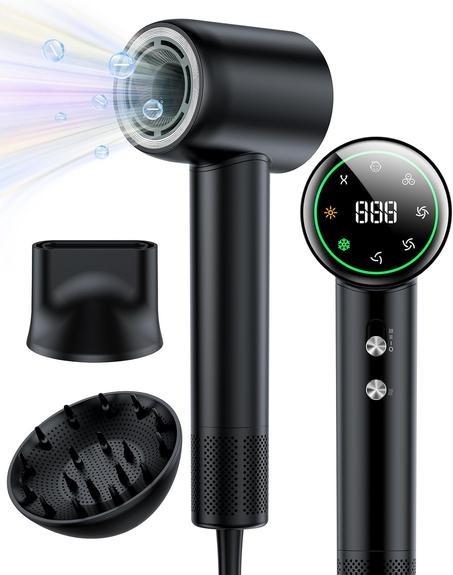 Secador de pelo, 160000 RPM sin escobillas, 200 millones de iones negativos, secador de pelo profesional de bajo ruido con difusor y boquilla, secador de pelo portátil para viajes en casa