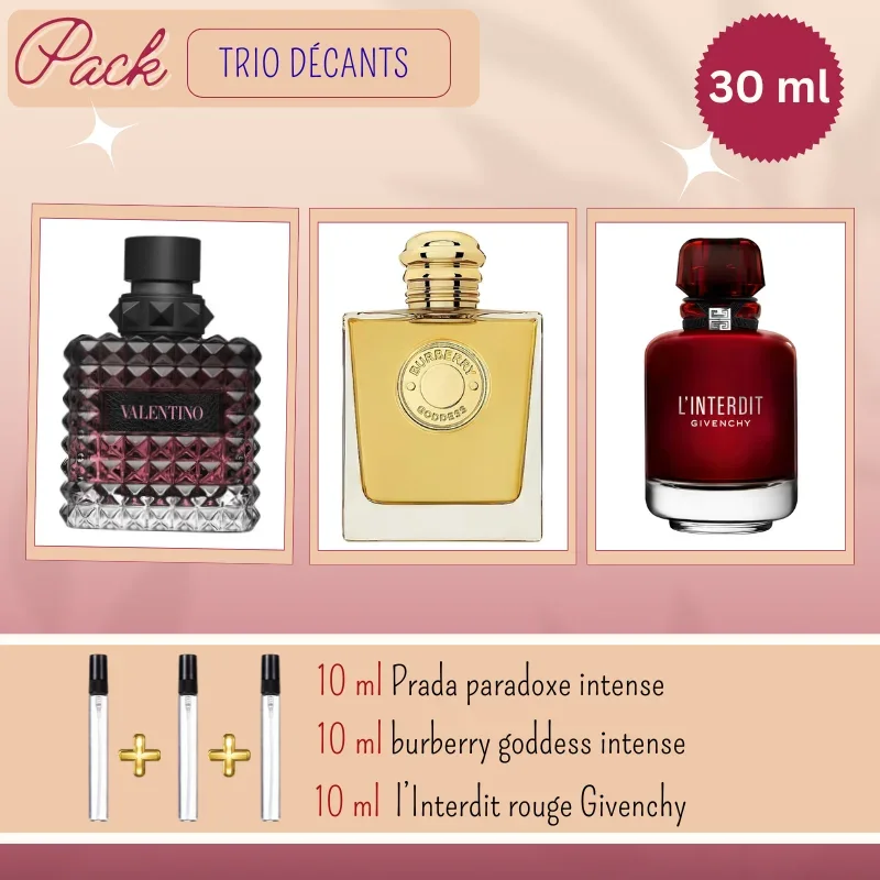 Pack 3 Decants: 10ml Valentino Born in Roma Intense & 10ml Burberry Goddess Intense & 10ml L’Interdit Rouge – Givenchy