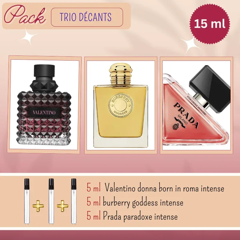 Pack 3 Decants: 5ml Valentino Born in Roma Intense & 5ml Burberry Goddess Intense & 5ml Prada Paradoxe Intense