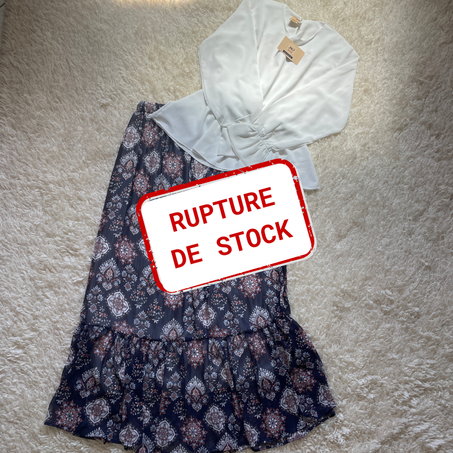 ENSEMBLE BLOUSE BLANCHE & JUPE BLEU NUIT AVEC MOTIFS