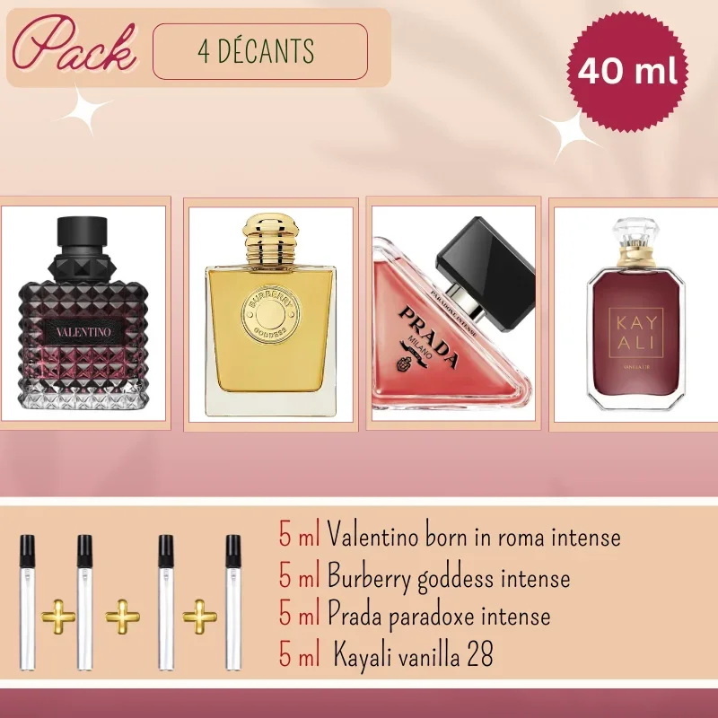 Pack 4 Decants: 10ml Valentino Born in Roma Intense & 10ml Burberry Goddess Intense & 10ml Prada Paradoxe Intense & 10ml Kayali Vanilla 28
