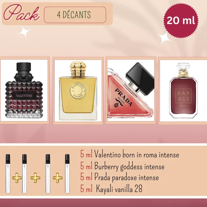 Pack 4 Decants: 5ml Valentino Born in Roma Intense & 5ml Burberry Goddess Intense & 5ml Prada Paradoxe Intense & 5ml Kayali Vanilla 28
