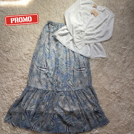 ENSEMBLE BLOUSE BLANCHE & JUPE BLEU AVEC MOTIFS