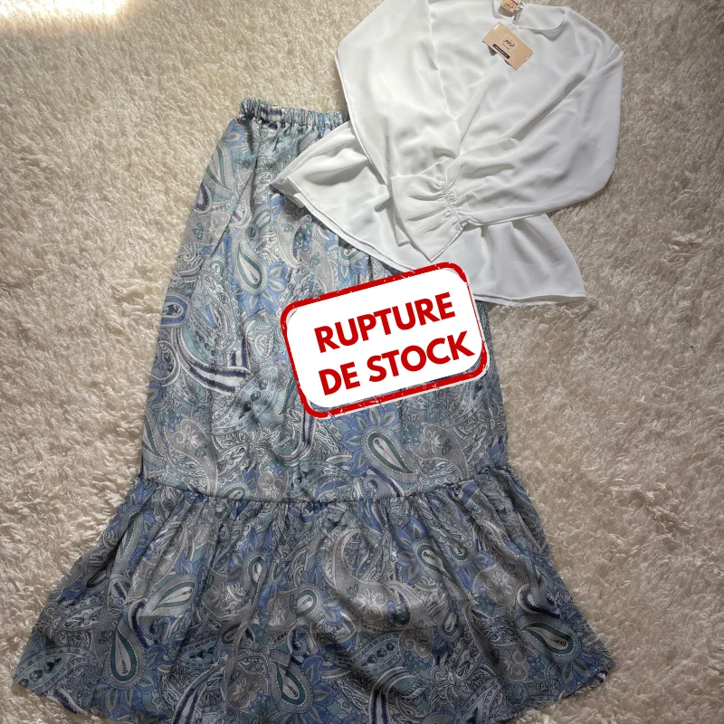 ENSEMBLE BLOUSE BLANCHE & JUPE BLEU AVEC MOTIFS