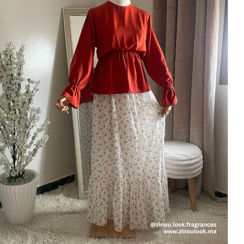 ENSEMBLE BLOUSE & JUPE  - Orange Blanc