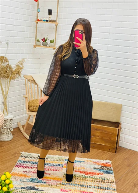 S2 Robe plissée ceinture Noir