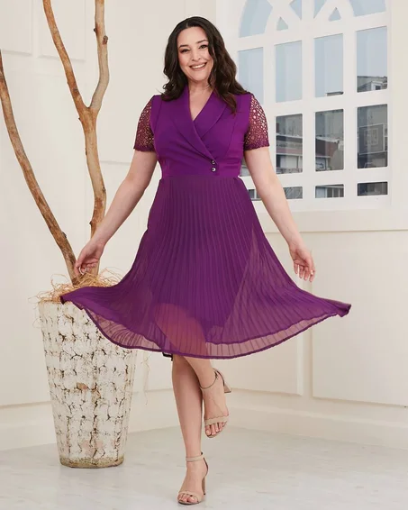 S97 robe plisse avec manche dentelle Violet