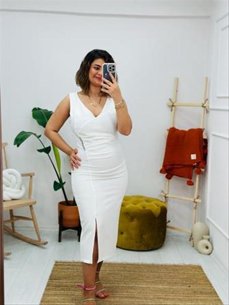 S7 Robe de soirée col V détail fente Blanc