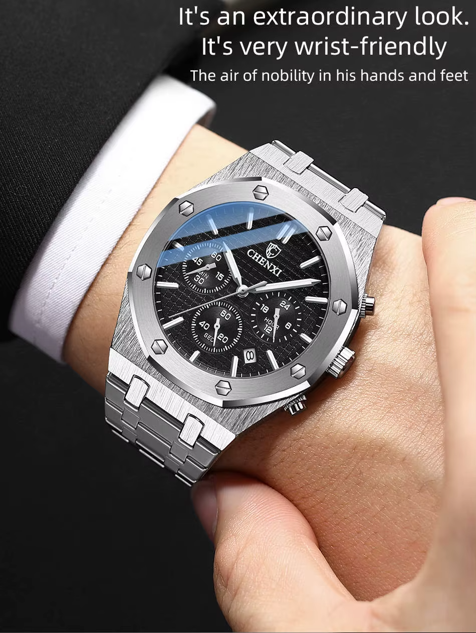 Chenxi 948 Three Eyed Functional Mens Watches Chrono Waterproof Stainless Steel Quartz Face Watch