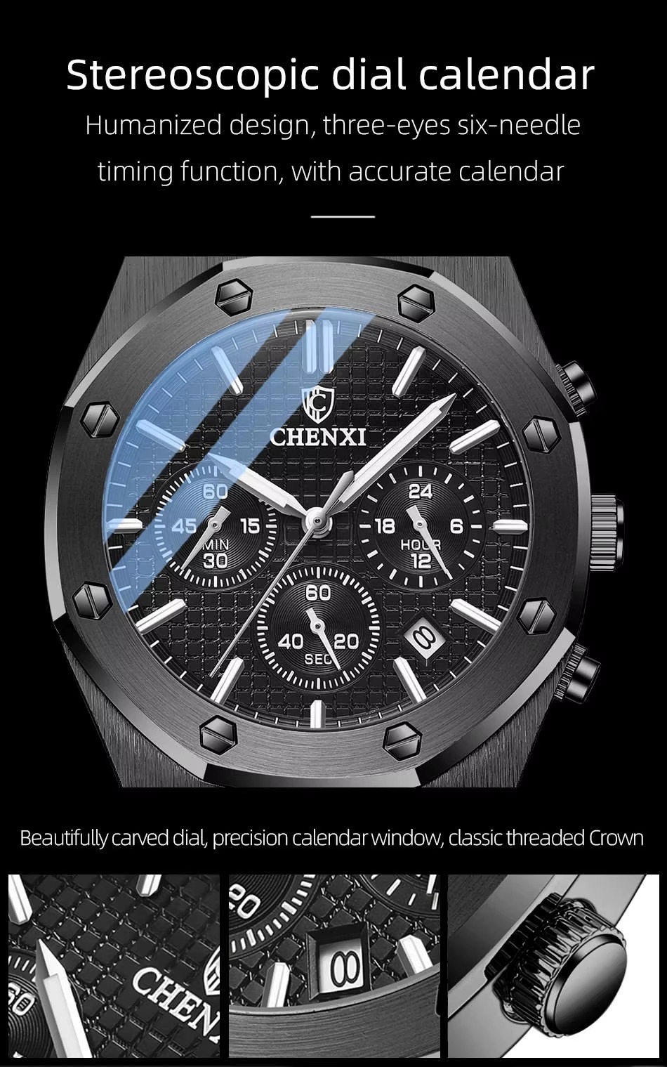 Chenxi 948 Three Eyed Functional Mens Watches Chrono Waterproof Stainless Steel Quartz Face Watch