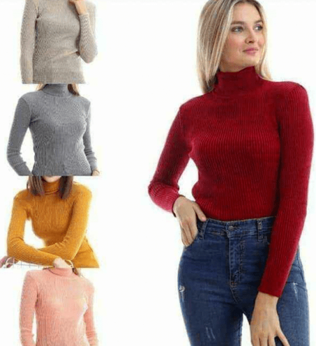 1 Paquet (Blanc+Noir+Gris) Pull tricoté à manches longues et col roulé pour femme