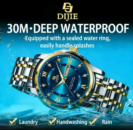 ساعة كوارتز رجالية ديجيه، من الفولاذ المقاوم للصدأ، زجاج معدني مقوى، مشبك فراشة مزدوج الضغط، مقاومة للماء حتى 30 متر، قياس 40 ملم