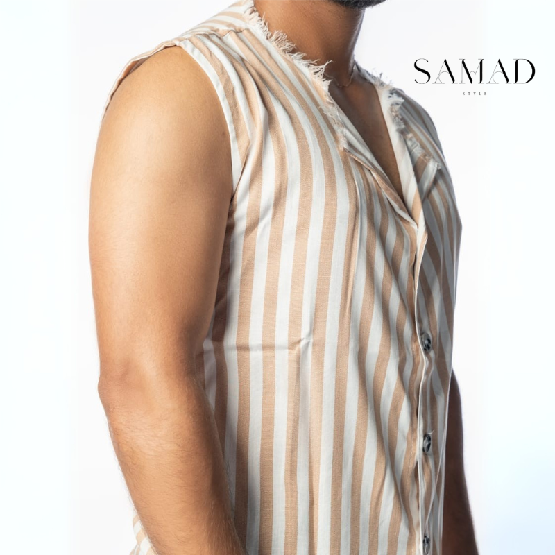 👕 Chemise sans manches à rayures beige et blanc