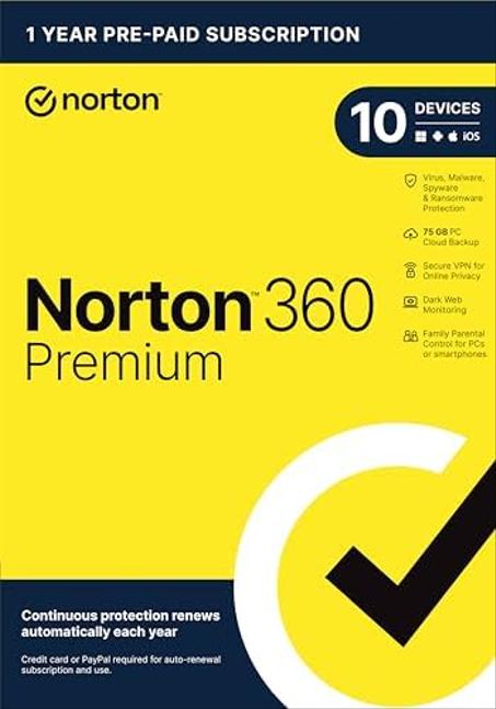 Norton 360 Premium 2024, Antivirus software for 10 Devices with Auto Renewal - Includes VPN, PC Cloud Backup & Dark Web Monitoring [Key card]