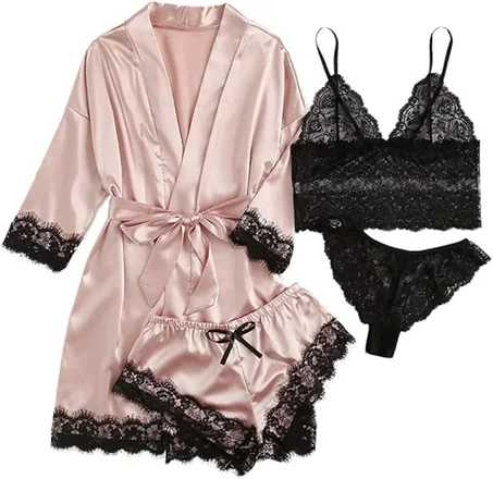 طقم بيجامة ساتان بلوزة ورداء وملابس داخلية دانتيل بنقشة الزهور من لينجي - 4 قطع