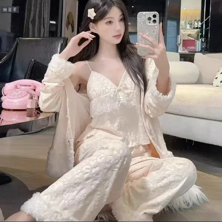 طقم بيجاما للنساء من الفلانيل، ملابس نوم دافئة وبقصة فضفاضة للارتداء المريح في الشتاء