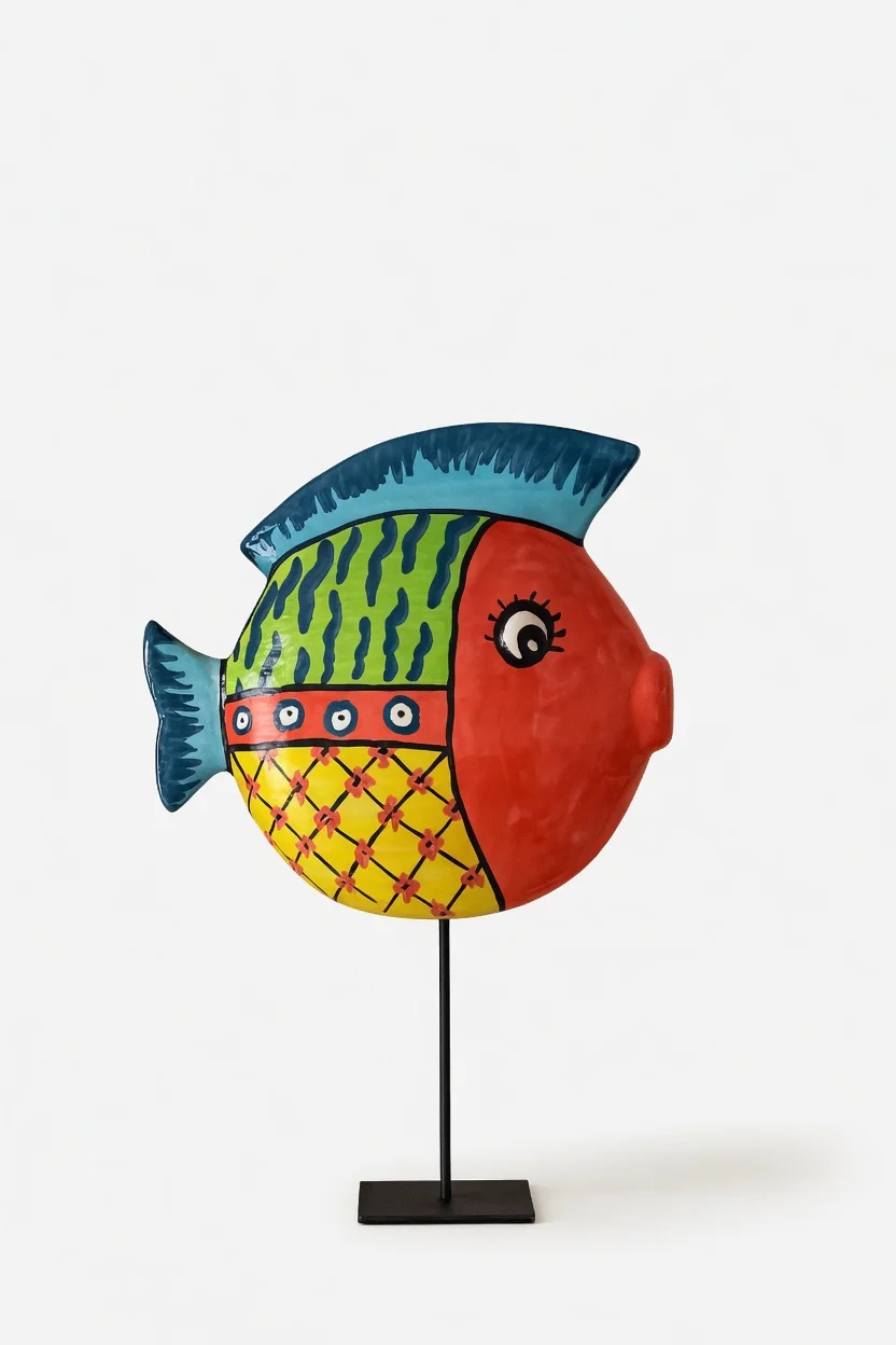 Scultura di pesce multicolore su supporto