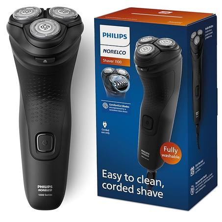 Philips Norelco Shaver Serie 1100, afeitadora eléctrica seca, 27 cuchillas ComfortCut autoafilables, cabezales flotantes 4D, tapa P, negro profundo, modelo S1016/90
