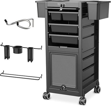 TASALON Carrito profesional de salón rodante, carrito de almacenamiento de 6 cajones con soportes para herramientas, 33 pulgadas de altura, peluquería peluquería belleza equipo versátil negro