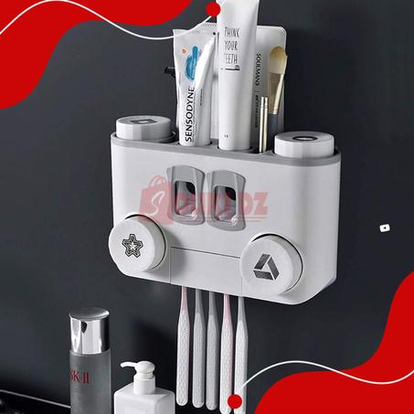 موزع معجون الأسنان ومنظم أغراض الحمام متعدد الوظائف 2 في 1