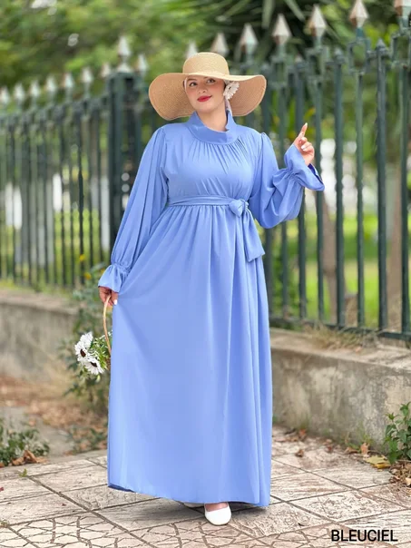 فستان محجبات أنيق بحزام من قماش كريب روزا – متوفر بعدة ألوان ومقاسات