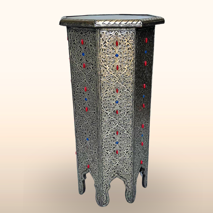 Table Haute Marocaine en Métal Incrusté, Hexagonale 75x35cm