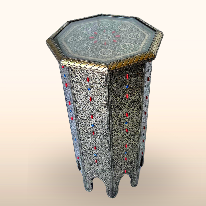 Table Haute Marocaine en Métal Incrusté, Hexagonale 75x35cm