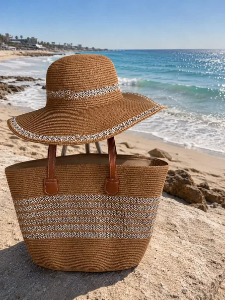 🏖️ طقم الشاطئ الأنيق | Beach Hat & Bag Set