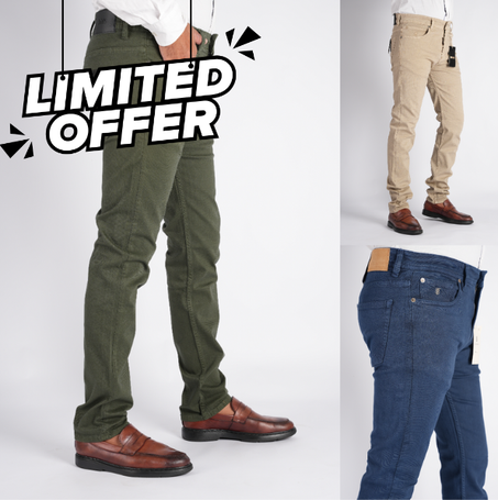 Packs de 3 pantalons en toile piqué de coton 5 poches ( Beige + Bleu roi +vert olive )