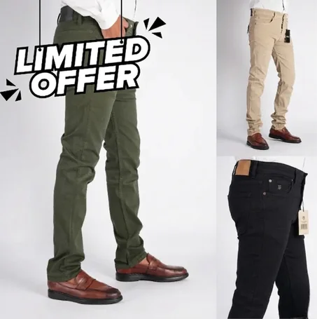Packs de 3 pantalons en toile piqué de coton 5 poches ( Beige + noire +vert olive )