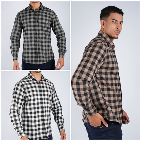 Pack de 3 Chemises Massimo Dutti En Flanelle À Carreaux À Manches Longues ( Blanche + Gris + Beige )