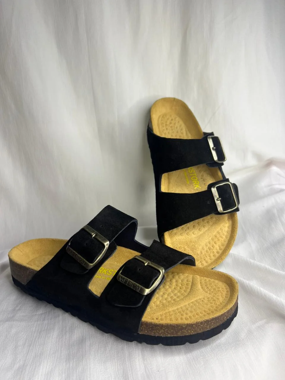 Sandales Médicales en Daim Premium – Noir Classique (Double Bride)