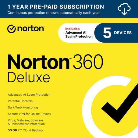 Norton 360 Deluxe 2021 - Software antivirus para 5 dispositivos con renovación automática - Incluye VPN, copia de seguridad en la nube de PC y supervisión de web oscura con tecnología LifeLoc