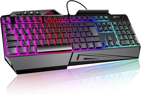 TECKNET Teclado para juegos RGB con cable, 13 modos de iluminación y anti-fantasma de 26 teclas, teclado de membrana resistente a derrames para Windows/Mac con reposamuñecas y soporte para te