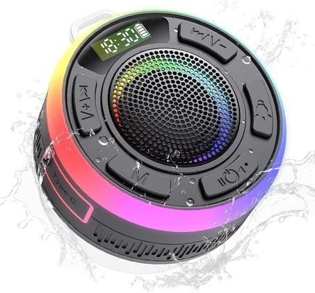 Altavoz de ducha Bluetooth IPX7 resistente al agua, altavoz pequeño portátil con ventosa y pantalla de tiempo, sonido cristalino fuerte y bajo, 10 horas de reproducción, 1100mAh, altavoces de