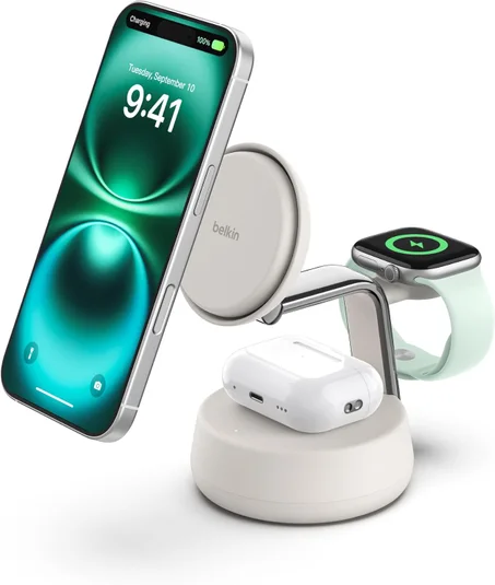 Belkin Cargador MagSafe compatible, estación de carga 3 en 1, Qi2.2 de 25 W con ventilador de refrigeración (control de encendido/apagado), cargador inalámbrico magnético para iPhone 17, Appl
