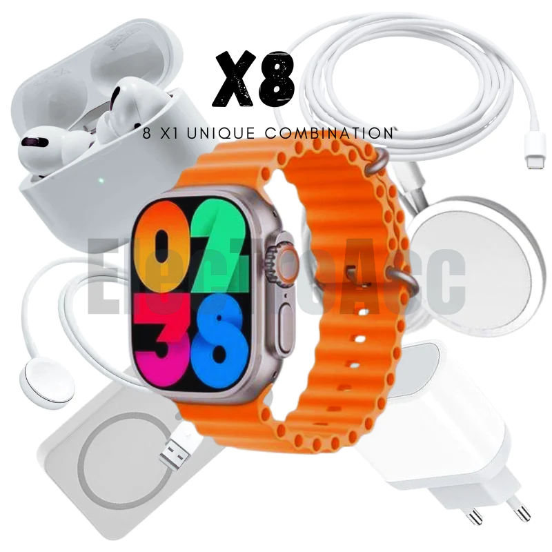 ( Pack 8*1 (Ultra SmartWatch + Adaptateur Iphone + Cable Iphone (1m)+ Power Bank Wereless Iphone + AirPods Pro (high copie) + Chargeur Wereless