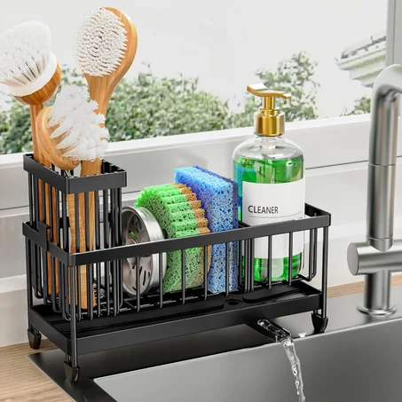 Cisily Soporte de esponja negro para fregadero de cocina, organizador de caddy de fregadero con soporte alto para cepillo, organizadores de encimera de cocina y elementos esenciales de almace