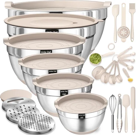 Juego de tazones para mezclar con tapas herméticas, 26 piezas de tazones de acero inoxidable caqui con accesorios para rallador, fondos antideslizantes y juego de utensilios de cocina, tamaño
