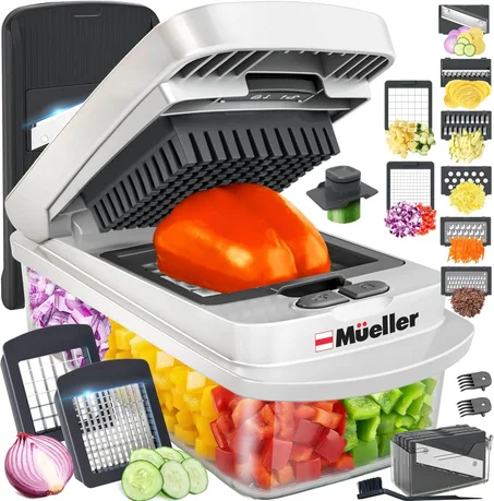 Mueller El verdadero picador original profesional desde 2013 Cortador de verduras mandolina, picador de alimentos de 8 cuchillas, picador de cebolla y verduras con recipiente, utensilios y el