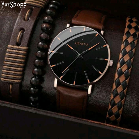 ساعة يدوية رجالية جلدية مع اكسسوارات ⌚