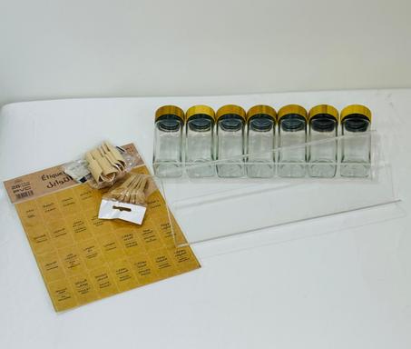 طقم التوابل الزجاجي بغطاء بامبو + حامل منظم ذكي داخل الرف