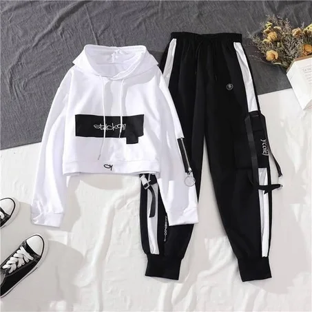 Spring Autumn Female Streetwear Cargo Pants Loose High Waist Joggers Women 2 Piece Long Sleeve Top With Casual Trousers