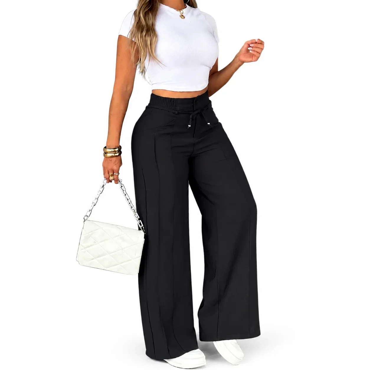 Aria – Pantalon Large Taille Haute à Cordon, Effet Ventre Plat