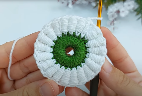 Handmade Crochet Round Motif – Green & White Decorative Piece