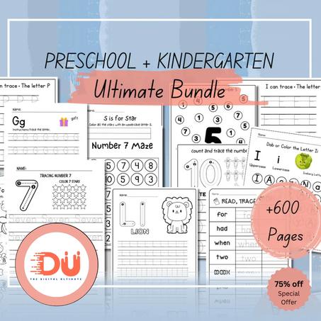 Preschool+Kindergarten Learning Bundle | +600 Pages | Printable Activity Worksheets | Coloring | Dot To Dot | Tracing | Alphabet
